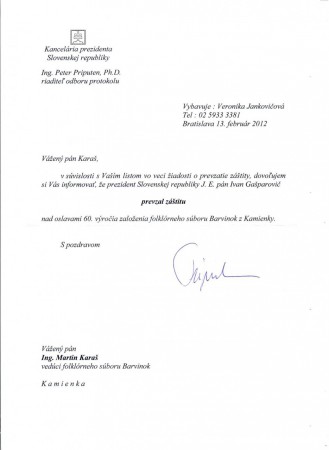 Zaštita od prezidenta SR na oslavy 60. vyročja založyňa FS Barvinok